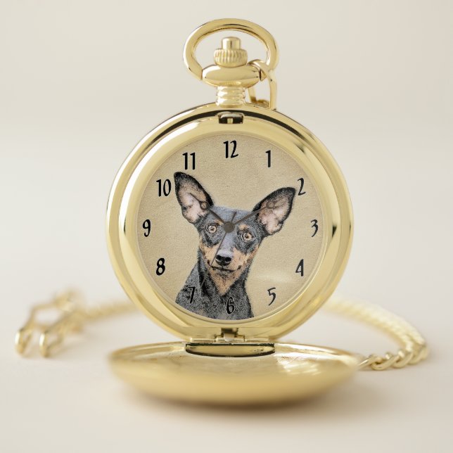 Miniature Pinscher Painting Cute Original Dog Art Pocket Watch (Inside)