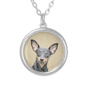 Miniature Pinscher Painting Cute Original Dog Art Silver Plated Necklace