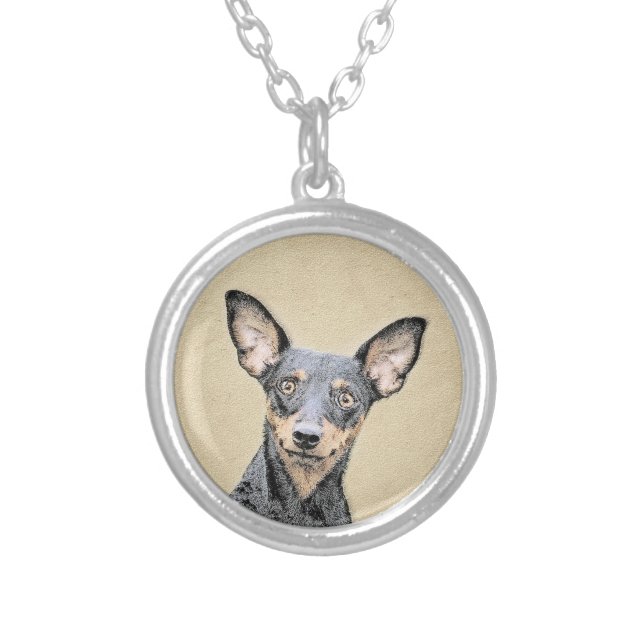 Miniature Pinscher Painting Cute Original Dog Art Silver Plated Necklace (Front)
