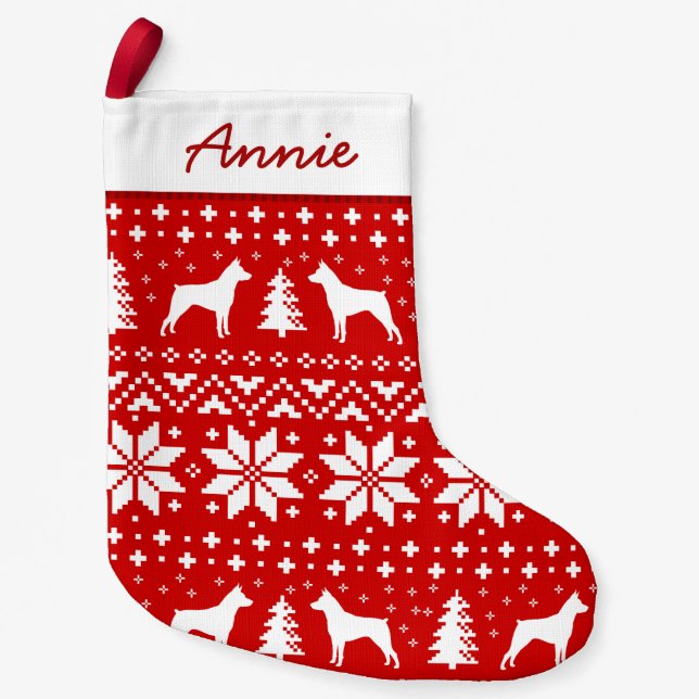 Miniature Pinscher Silhouettes Pattern Cute MinPin Small Christmas Stocking (Front)