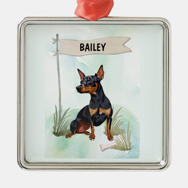 Miniature Pinscher Watercolor Personalized Dog Metal Ornament (Front)