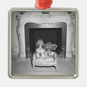 Miniature poodles sitting in front of fireplace metal ornament