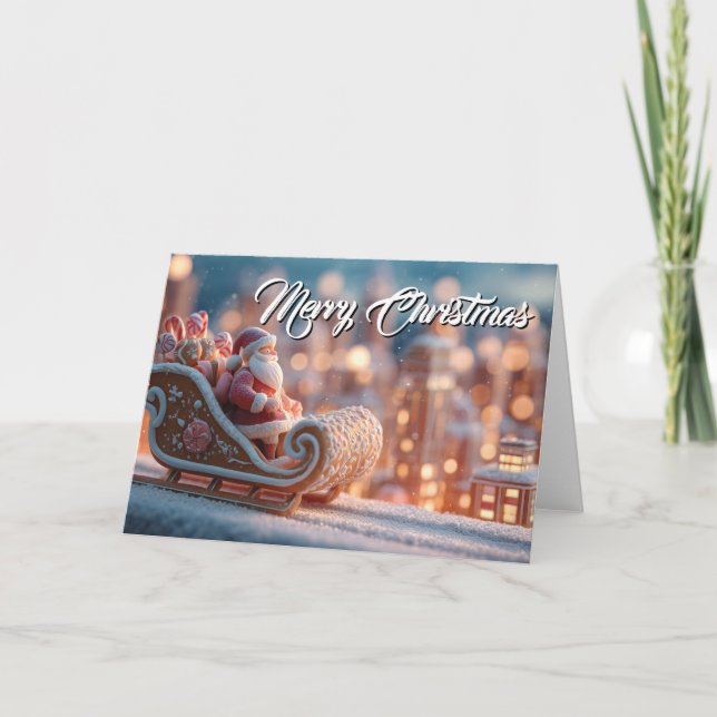 Miniature Santa in Gingerbread Sleigh Card (Front)