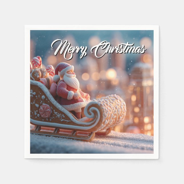 Miniature Santa in Gingerbread Sleigh Napkins (Front)