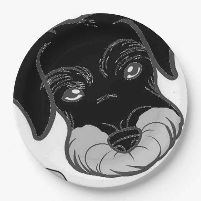 miniature schnauzer black and silver peeking paper plates (Front)