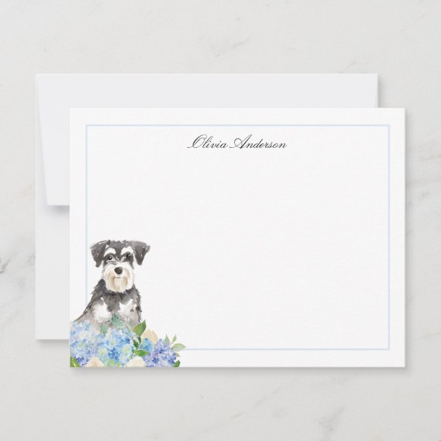 Miniature Schnauzer Blue Hydrangea Personalized Note Card (Front)
