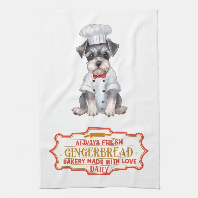 Miniature Schnauzer Chef Baking Gingerbread Kitchen Towel (Vertical)