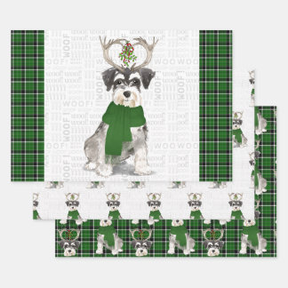 Miniature Schnauzer Christmas Dog and Green Plaid Wrapping Paper Sheets
