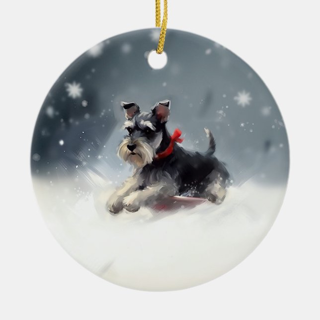 Miniature Schnauzer Christmas snow winter Ceramic Ornament (Front)