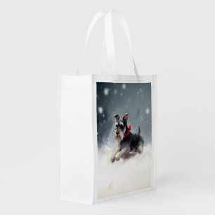Miniature Schnauzer Christmas snow winter Grocery Bag