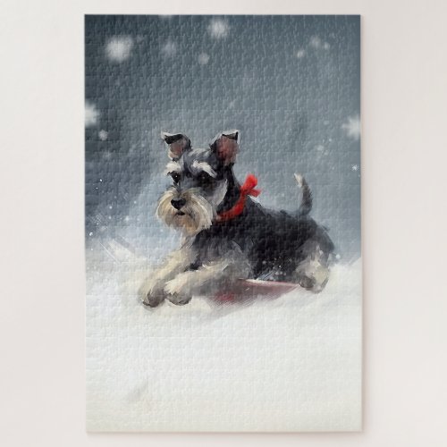 Miniature Schnauzer Christmas snow winter Jigsaw Puzzle