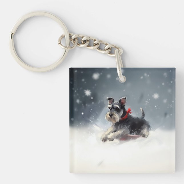 Miniature Schnauzer Christmas snow winter Keychain (Front)