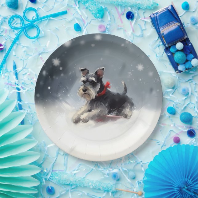 Miniature Schnauzer Christmas snow winter Paper Plates (Party)