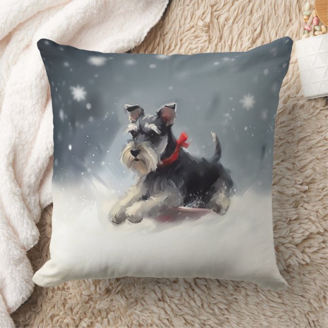 Miniature Schnauzer Christmas snow winter Throw Pillow (Blanket)