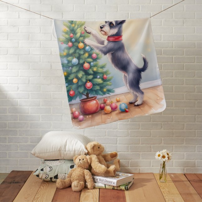Miniature Schnauzer Decorating Christmas Tree Dog  Baby Blanket (In Situ)