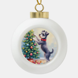 Miniature Schnauzer Decorating Christmas Tree Dog Ceramic Ball Christmas Ornament