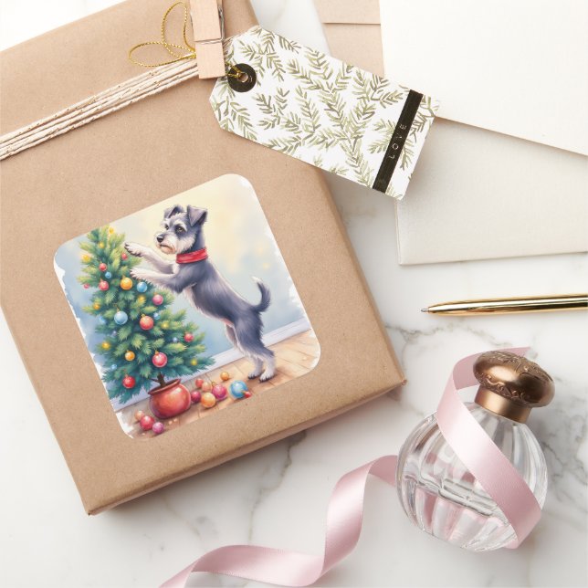Miniature Schnauzer Decorating Christmas Tree Dog  Square Sticker (Gifting)