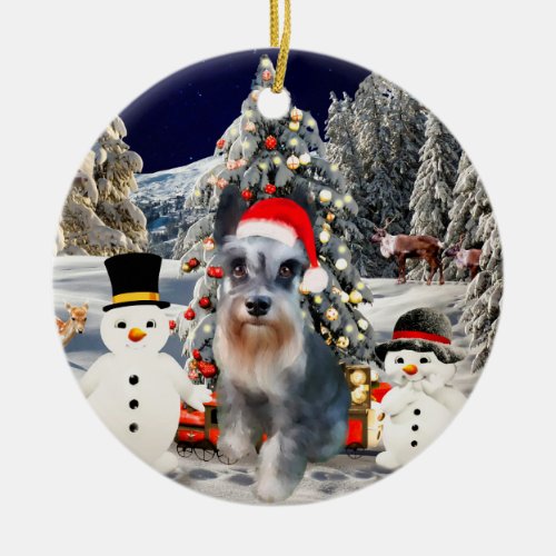 Miniature Schnauzer Dog In Snow Christmas Hat Ceramic Ornament