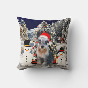 Miniature Schnauzer Dog In Snow Christmas Hat Throw Pillow