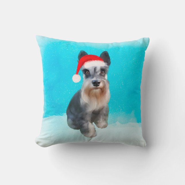 Miniature Schnauzer Dog In Snow Christmas Holiday Throw Pillow (Front)
