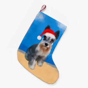Miniature Schnauzer Dog On Beach Christmas Hat Small Christmas Stocking