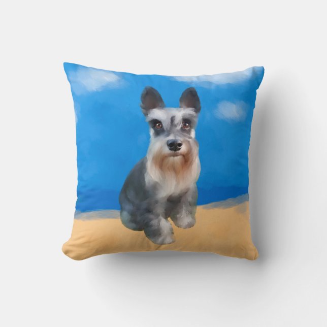Miniature Schnauzer Dog On Beach Throw Pillow (Front)