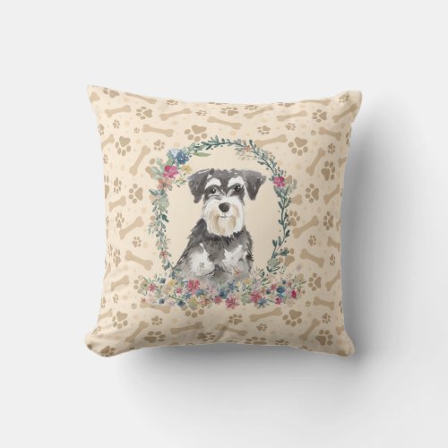 Miniature Schnauzer Dog Paw Print  Floral Cute Throw Pillow