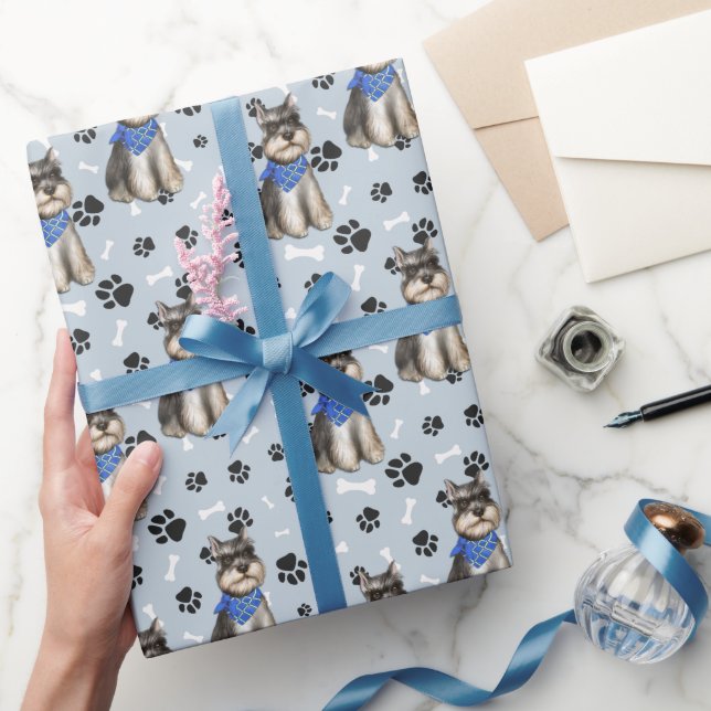 Miniature Schnauzer Dog Paw Print Pattern  Wrapping Paper (Gifting)