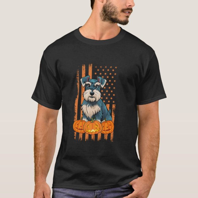 Miniature Schnauzer Dog USA Flag Patriotic Hallowe T-Shirt (Front)