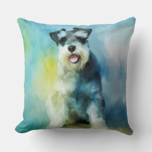 Miniature Schnauzer Dog Water Color Art Painting Throw Pillow