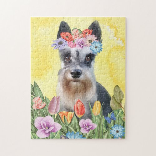 Miniature Schnauzer Dog with Flowers Spring Jigsaw Puzzle
