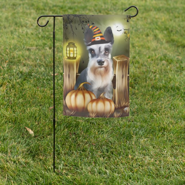 Miniature Schnauzer Dog with Witch Hat Halloween Garden Flag (In SItu)