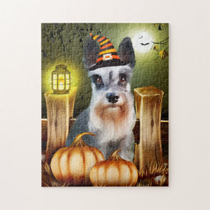 Miniature Schnauzer Dog with Witch Hat Halloween Jigsaw Puzzle