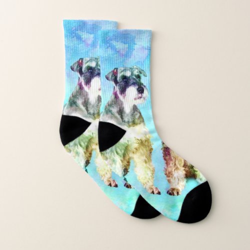 Miniature Schnauzer dogs Watercolor Digital Art Socks