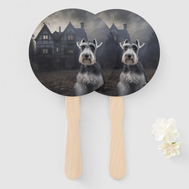 Miniature Schnauzer Halloween Scary Hand Fan (Front and Back)