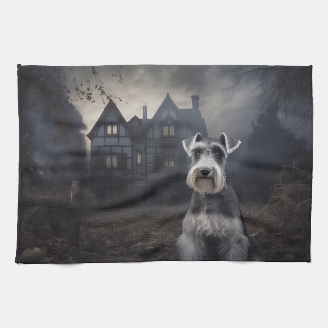 Miniature Schnauzer Halloween Scary Kitchen Towel (Horizontal)