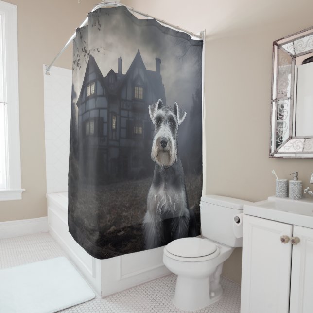 Miniature Schnauzer Halloween Scary Shower Curtain (In Situ)