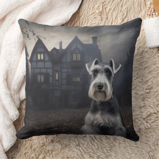 Miniature Schnauzer Halloween Scary Throw Pillow (Blanket)