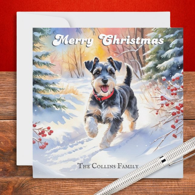 Miniature Schnauzer In Snow Christmas Holiday Card (A personalized Christmas card with picture of a miniature schnauzer dog walking in snow)