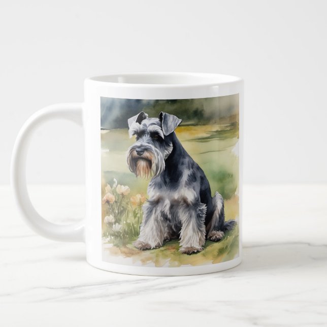 Miniature Schnauzer in the garden - Watercolor Giant Coffee Mug (Left)