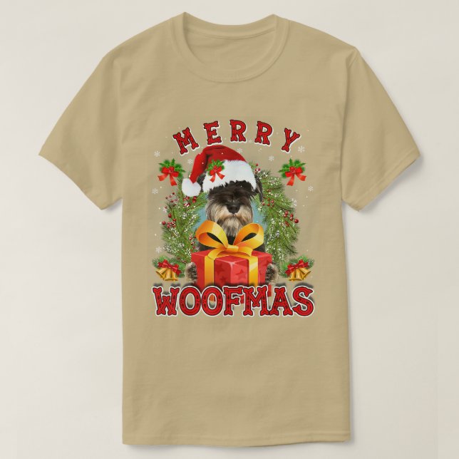 Miniature Schnauzer Merry Xmas Woofmas Xmas Lights T-Shirt (Design Front)