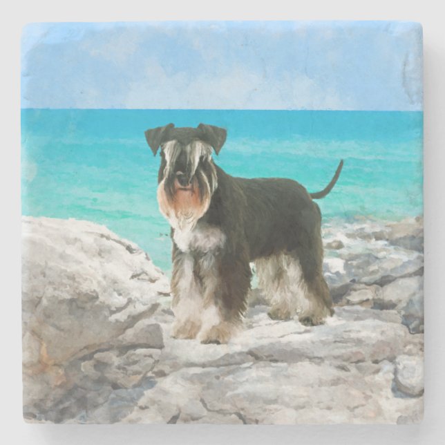 Miniature Schnauzer on the beach Watercolor Stone Coaster (Front)