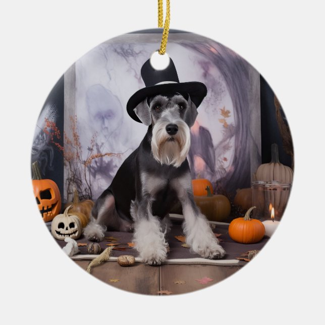 Miniature Schnauzer Pumpkins Halloween Scary  Ceramic Ornament (Front)