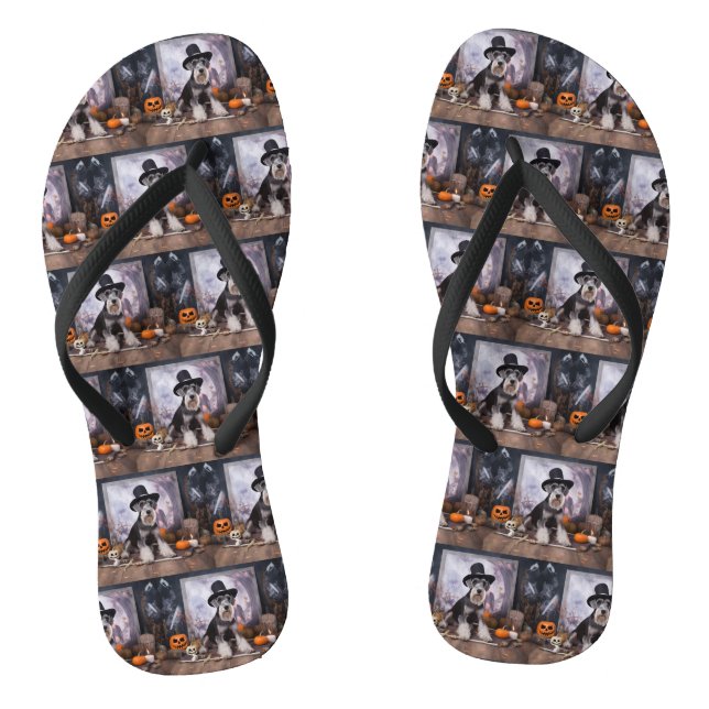 Miniature Schnauzer Pumpkins Halloween Scary  Flip Flops (Footbed)