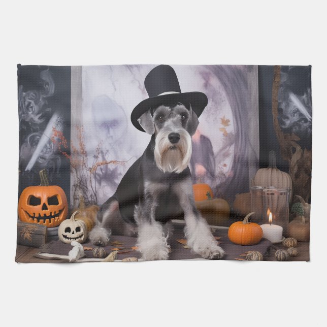 Miniature Schnauzer Pumpkins Halloween Scary  Kitchen Towel (Horizontal)