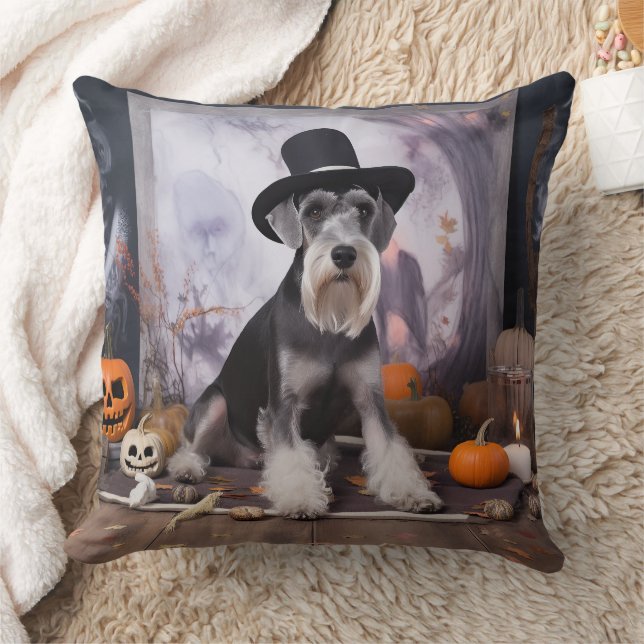 Miniature Schnauzer Pumpkins Halloween Scary  Throw Pillow (Blanket)