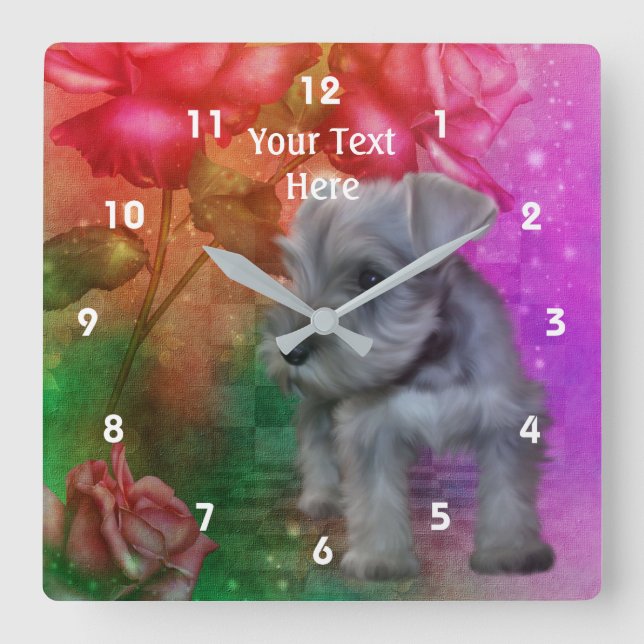Miniature Schnauzer Puppy And Flowers Square Wall Clock (Front)