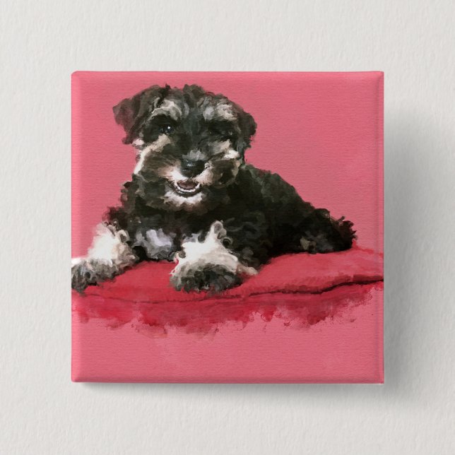Miniature Schnauzer Puppy Watercolor Digital Art Button (Front)