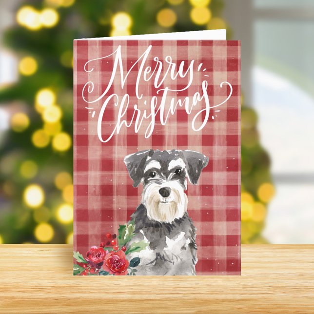 Miniature Schnauzer Red Plaid Christmas Holiday Card (Creator Uploaded)
