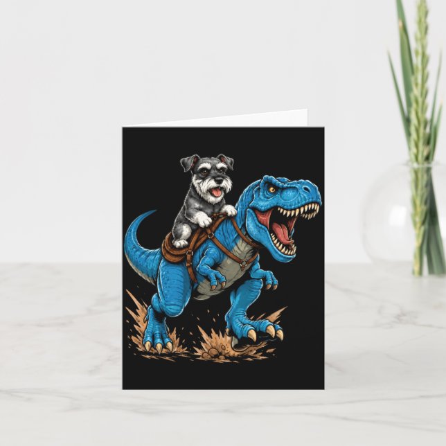 Miniature Schnauzer Riding T Rex Dinosaur Funny Card (Front)